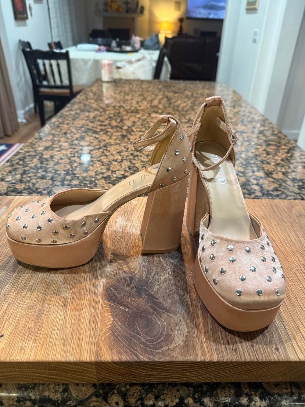 Platform Ankle-Strap Studded Heels in Blush